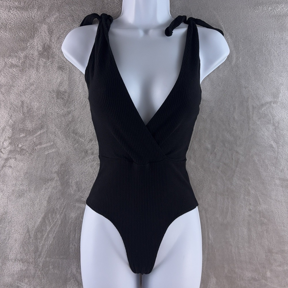 Reformation Bodysuit Womens Size Small Black Ribbed Plunge V Neck Tie Strap